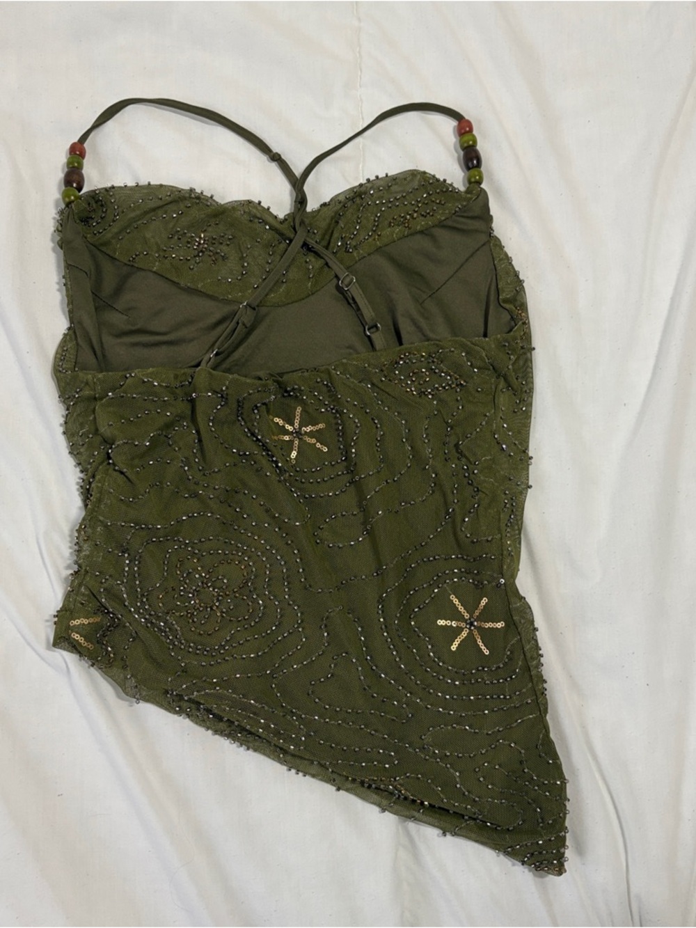 Mesh Cowl Neck Floral Beading Sequin Cami Top - Picture 6 of 8